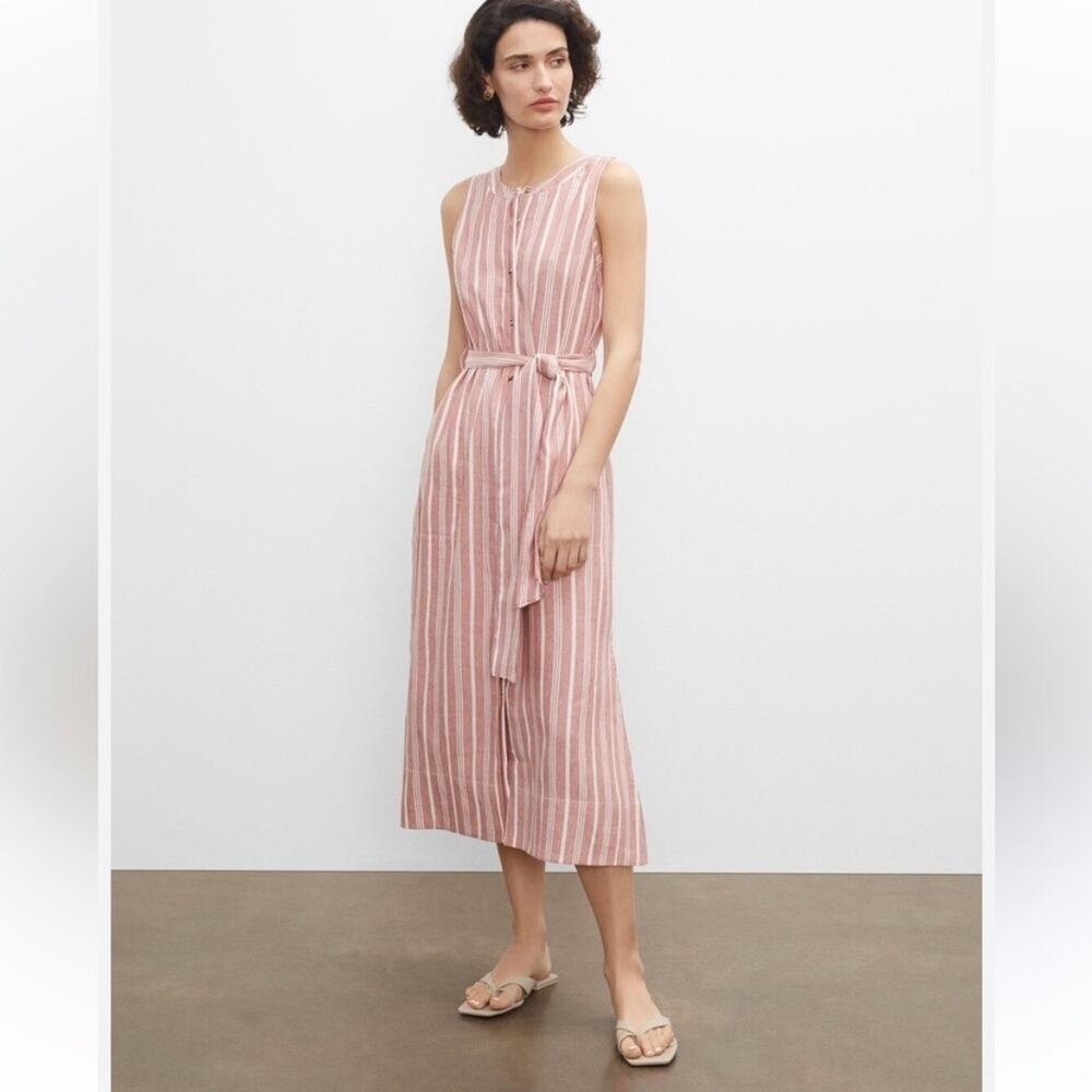 NWT Club Monaco Sleeveless Button Front Midi Dress Slubbed Linen Striped 2
